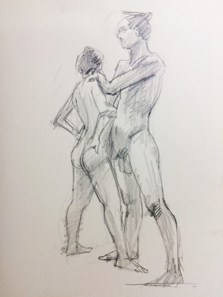 東京クロッキー会で短時間で描いた男性女性モデルのクロッキー作品F6サイズパステルペンシル②